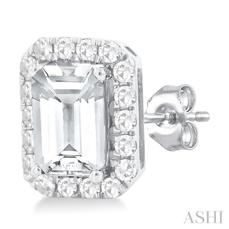 6x4 MM Octagonal Shape White Topaz and 1/4 Ctw Round Cut Diamond Halo Semi-Precious Stud Earrings in 10K White Gold