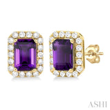 6x4 MM Octagonal Shape Amethyst and 1/4 Ctw Round Cut Diamond Halo Semi-Precious Stud Earrings in 14K Yellow Gold