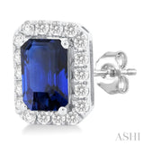 6x4 MM Octagonal Shape Sapphire and 1/4 Ctw Round Cut Diamond Halo Precious Stud Earrings in 14K White Gold