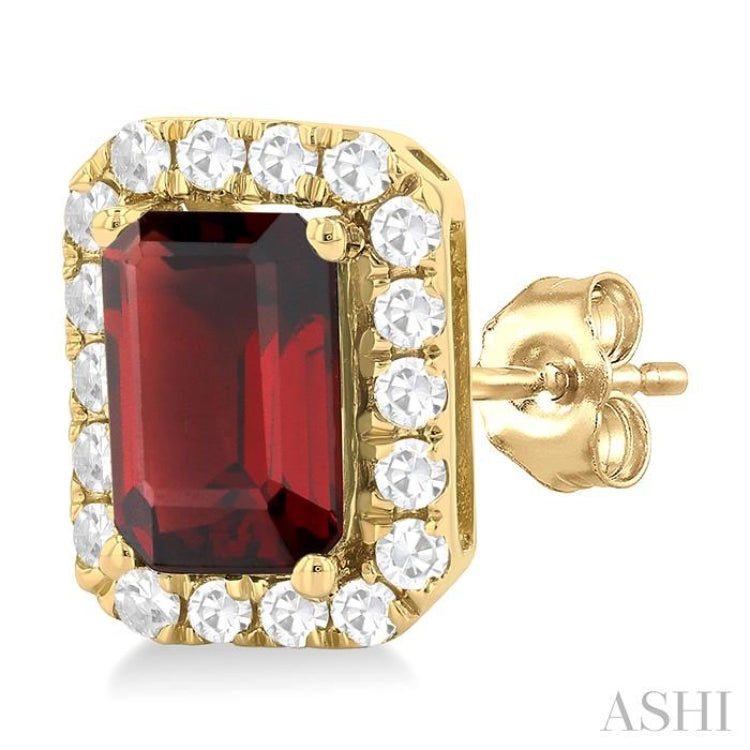 6x4 MM Octagonal Shape Garnet and 1/4 Ctw Round Cut Diamond Halo Semi-Precious Stud Earrings in 10K Yellow Gold