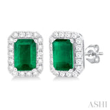 6x4 MM Octagonal Shape Emerald and 1/4 Ctw Round Cut Diamond Halo Precious Stud Earrings in 10K White Gold