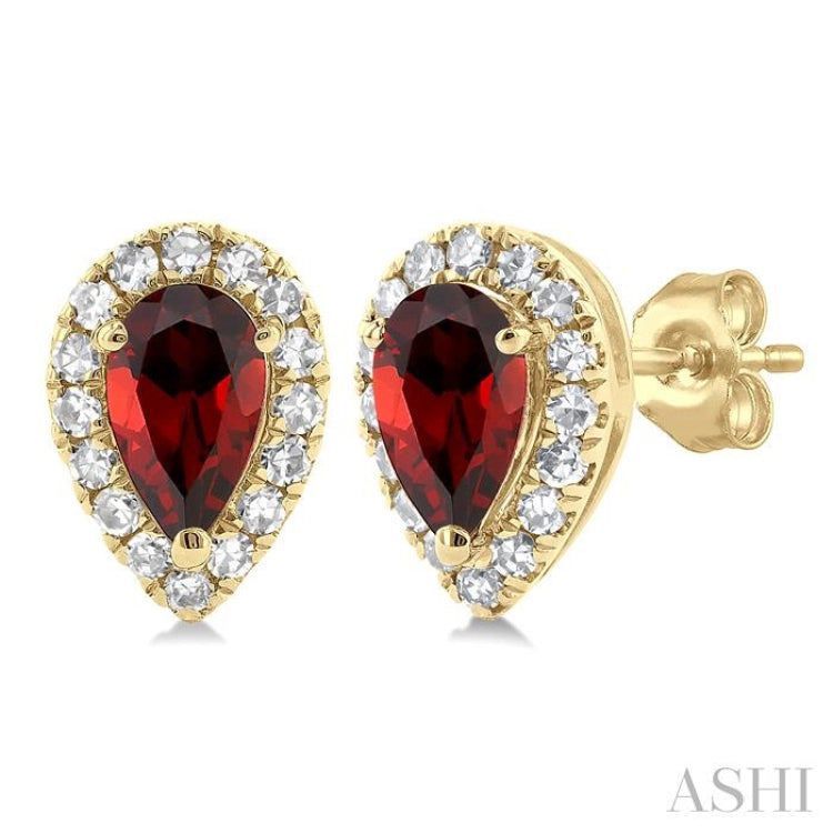 5x3 MM Pear Shape Garnet and 1/8 Ctw Single Cut Diamond Halo Semi-Precious Stud Earrings in 10K Yellow Gold