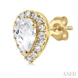 5x3 MM Pear Shape White Topaz and 1/8 Ctw Single Cut Diamond Halo Semi-Precious Stud Earrings in 14K Yellow Gold