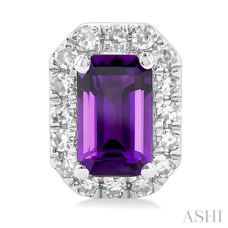 5x3 MM Octagonal Shape Amethyst and 1/8 Ctw Single Cut Diamond Halo Semi-Precious Stud Earrings in 10K White Gold