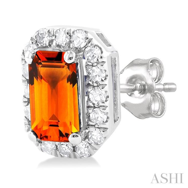 5x3 MM Octagonal Shape Citrine and 1/8 Ctw Single Cut Diamond Halo Semi-Precious Stud Earrings in 14K White Gold