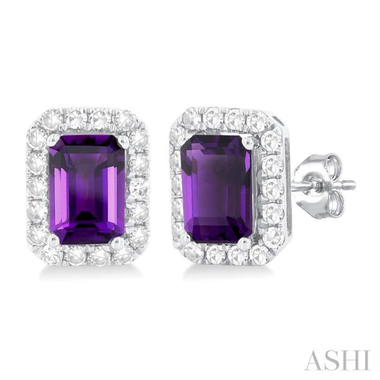 6x4 MM Octagonal Shape Amethyst and 1/4 Ctw Round Cut Diamond Halo Semi-Precious Stud Earrings in 14K White Gold