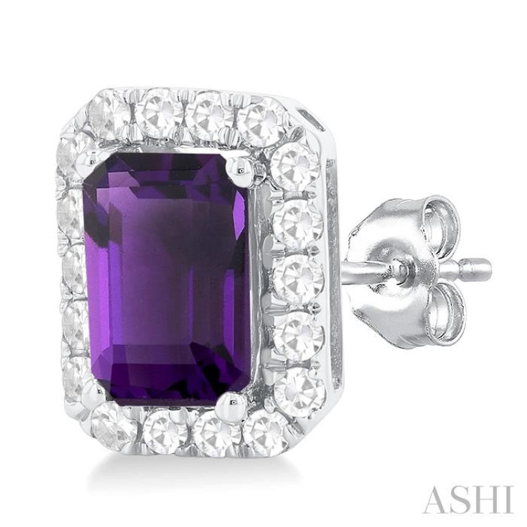 6x4 MM Octagonal Shape Amethyst and 1/4 Ctw Round Cut Diamond Halo Semi-Precious Stud Earrings in 14K White Gold