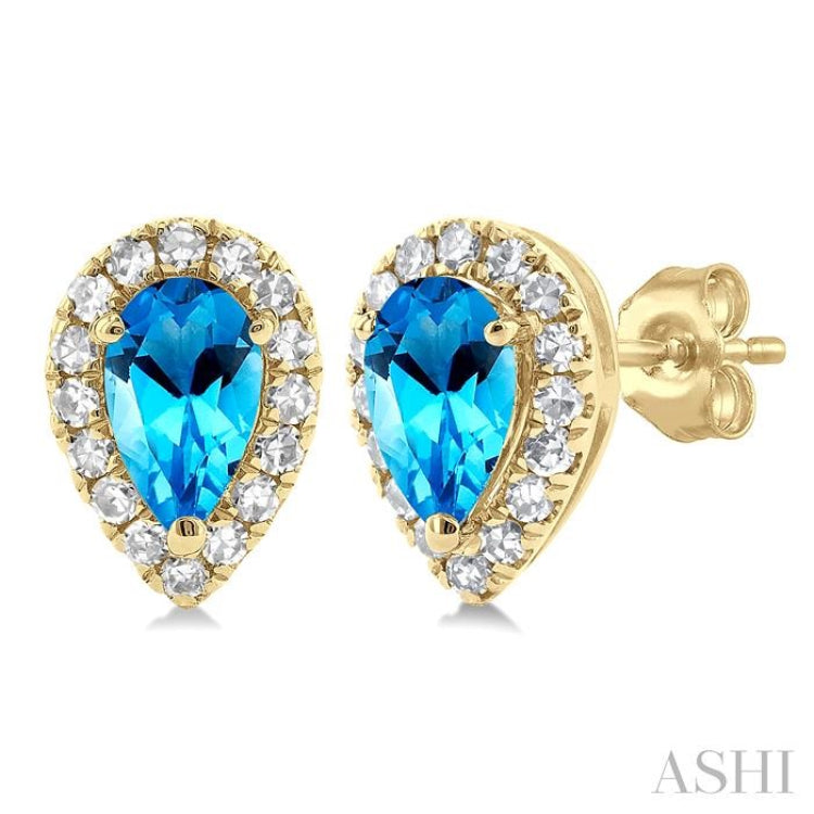 5x3 MM Pear Shape Blue Topaz and 1/8 Ctw Single Cut Diamond Halo Semi-Precious Stud Earrings in 10K Yellow Gold