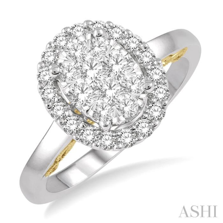 3/4 ctw Oval Shape Lovebright Round Cut Diamond Ring in 14K White and Yellow Gold