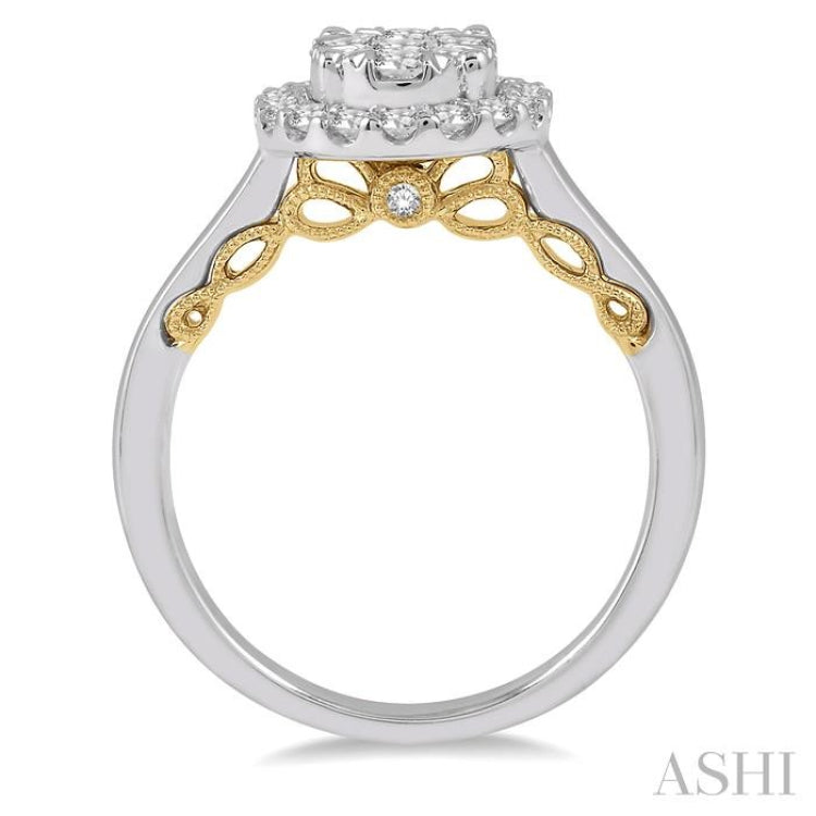 3/4 ctw Oval Shape Lovebright Round Cut Diamond Ring in 14K White and Yellow Gold