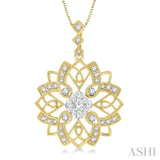 5/8 Ctw Floral Lattice Two Tone Cushion Shape Center Lovebright Round Cut Diamond Pendant With Chain in 14K Yellow and White Gold