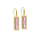 Gold Finish Sterling Silver Earrings with Rectangular Simulated Pink Sapphire Stones and Simulated Diamonds