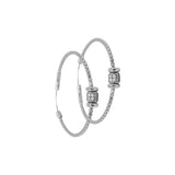 Rhodium Finish Sterling Silver Corean Cable Hoop Earrings with a Barrell with Simulated Diamonds