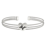Rhodium Finish Sterling Silver Three Cable Cuff Bracelet with a Polished Heart with a Heartbeat Design.