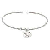 Rhodium Finish Sterling Silver Cable Cuff Bracelet with a Dangling Polished Heart Charm with a Heartbeat Design.
