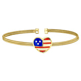 Gold Finish Sterling Silver Two Cable Cuff Bracelet with a Centeral Heart with an American Flag..