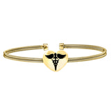 Gold Finish Sterling Silver Two Cable Cuff Bracelet with a Centeral Heart with a Caduceus.