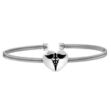 Rhodium Finish Sterling Silver Two Cable Cuff Bracelet with a Centeral Heart with a Caduceus.