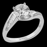 This 18K white gold engagement ring has an art deco quality with its swirl band design accented with rows of tapered baguettes 0.20 ctw., and RD diamonds 0.09 ctw.