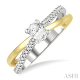1/2 Ctw Two Tone Criss Cross Round & Oval Cut Diamond Engagement Ring With 1/3 Ct Oval Cut Center Stone in 14K White and Yellow Gold