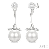 7 MM Cultured White Pearl and 1/4 Ctw Lovebright Round Cut Diamond Fashion Earrings in 14K White Gold