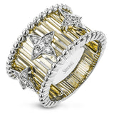 Make a statement in this fashion ring with 18K strands of rose gold adorned with .30 ctw diamonds inside a flower pattern, and white gold beaded edge