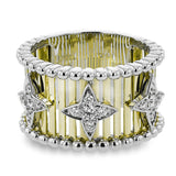Make a statement in this fashion ring with 18K strands of rose gold adorned with .30 ctw diamonds inside a flower pattern, and white gold beaded edge