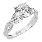 This infinity twist engagement ring in 18 kt white gold takes a 2 ctw center, and has a line of baguettes .25 ctw accented with .05 ctw RD diamonds