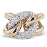 A modern take on the love knot this right hand ring in 18K yellow and white gold, features interlocking links of high polish gold and a diamond link 0.79 ctw.