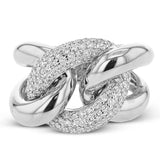 A modern take on the love knot this right hand ring in 18K yellow and white gold, features interlocking links of high polish gold and a diamond link 0.79 ctw.