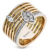 This rose/white 2tone cigar band has an open weave design and features a single MQ diamond .10 ctw., and a marquise shaped station with 0.27 ct. of RD diamonds.