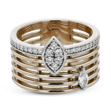 This rose/white 2tone cigar band has an open weave design and features a single MQ diamond .10 ctw., and a marquise shaped station with 0.27 ct. of RD diamonds.