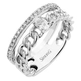This modern right hand ring from our chain link collection, combines two looks & features a 0.21 ctw oval diamond set in yellow gold links, lined by a white gold band of RD diamonds 0.20 ctw.