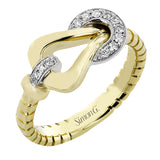 18K two-tone right hand ring from the SG buckle collection, has a diamond collar and latch 0.10 ctw with milgrain edge.