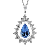This statement making necklace has a 4.52 ct. pear shaped Aqua center, and is suspended within a frame of pear shaped diamond clusters 1.49 ctw., on an 19 chain