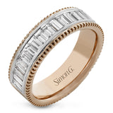 This two-tone right hand ring has a ribbed yellow gold band and sparkles with a row of baguette diamonds 1.0.7 ctw, accented by a delicate white gold beaded channel.