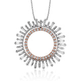 Make a statement with this two in one diamond pendant that features an inner circle of RD diamonds 0.26 ctw. set in yellow gold, with an outer orb of baguettes 1.04 ctw. in white gold