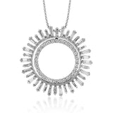 Make a statement with this two in one diamond pendant that features an inner circle of RD diamonds 0.26 ctw. set in yellow gold, with an outer orb of baguettes 1.04 ctw. in white gold