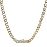 A sylish white gold curb link necklace dazzles with 4.0 ctw. Of diamonds and a diamond encrusted box lock, 18
