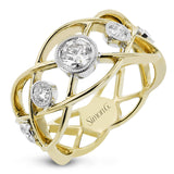18K two tone right hand ring has an open weave design and boasts bezel set diamonds 0.60 ctw. that appear to be floating atop this ring
