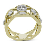 18K two tone right hand ring has an open weave design and boasts bezel set diamonds 0.60 ctw. that appear to be floating atop this ring