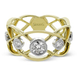 18K two tone right hand ring has an open weave design and boasts bezel set diamonds 0.60 ctw. that appear to be floating atop this ring