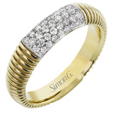 18K two toned right hand ring has a domed ribbed design, accented with rows of pave set diamonds on 3 sides 0.35 ctw.