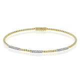 18K two tone YG beaded stackable bangle with 3 white gold stations of diamonds 0.23 ctw, and a magnetic closure