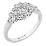 18K cluster diamond engagement ring complete with RD center .25ctw, and 0.55 ctw half-bezel set dias
