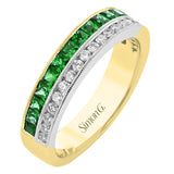 This 18K white and yellow gold band features .77cttw emeralds and .28cttw diamonds.