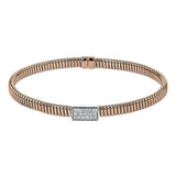 18k Rose gold textured bangle is highlighted by .25 ctw of diamonds set in a rectangular design. Perfect for stacking