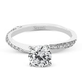 Unique twist design engagement ring with 0.19 ctw white diamonds set in a brushed white gold finish.