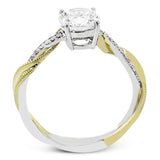 18K two-tone engagement ring has a delicate twist design with a polished yellow gold side trimmed with milgrain beading, and a diamond side 1/10 ctw. set in white gold