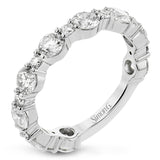 This brilliant diamond ring 2.07 ctw. in 18K white gold doubles as a wedding band and a stackable band, with a unique bubble design of alternating large and small round diamonds